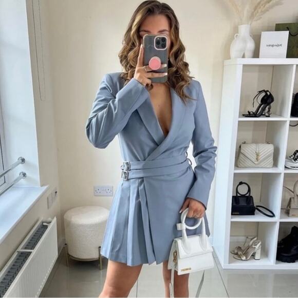 ZARA BLAZER DRESS WITH BOX PLEATS BLUE GREY - Picture 1 of 9